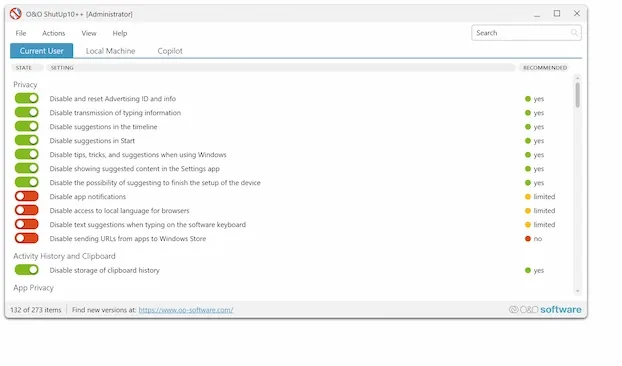 O&O ShutUp10++ interface