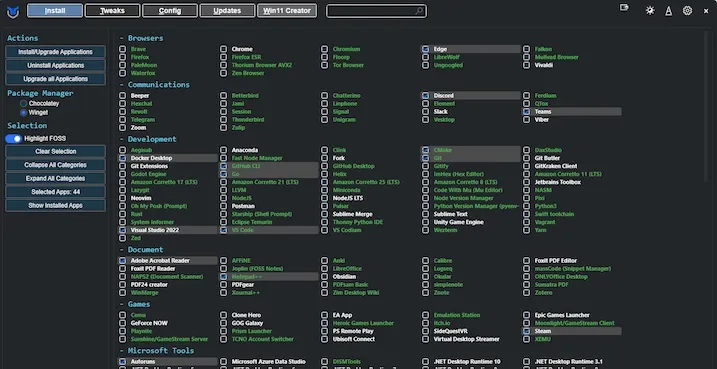 Winutil Install Tab showing app categories and selections