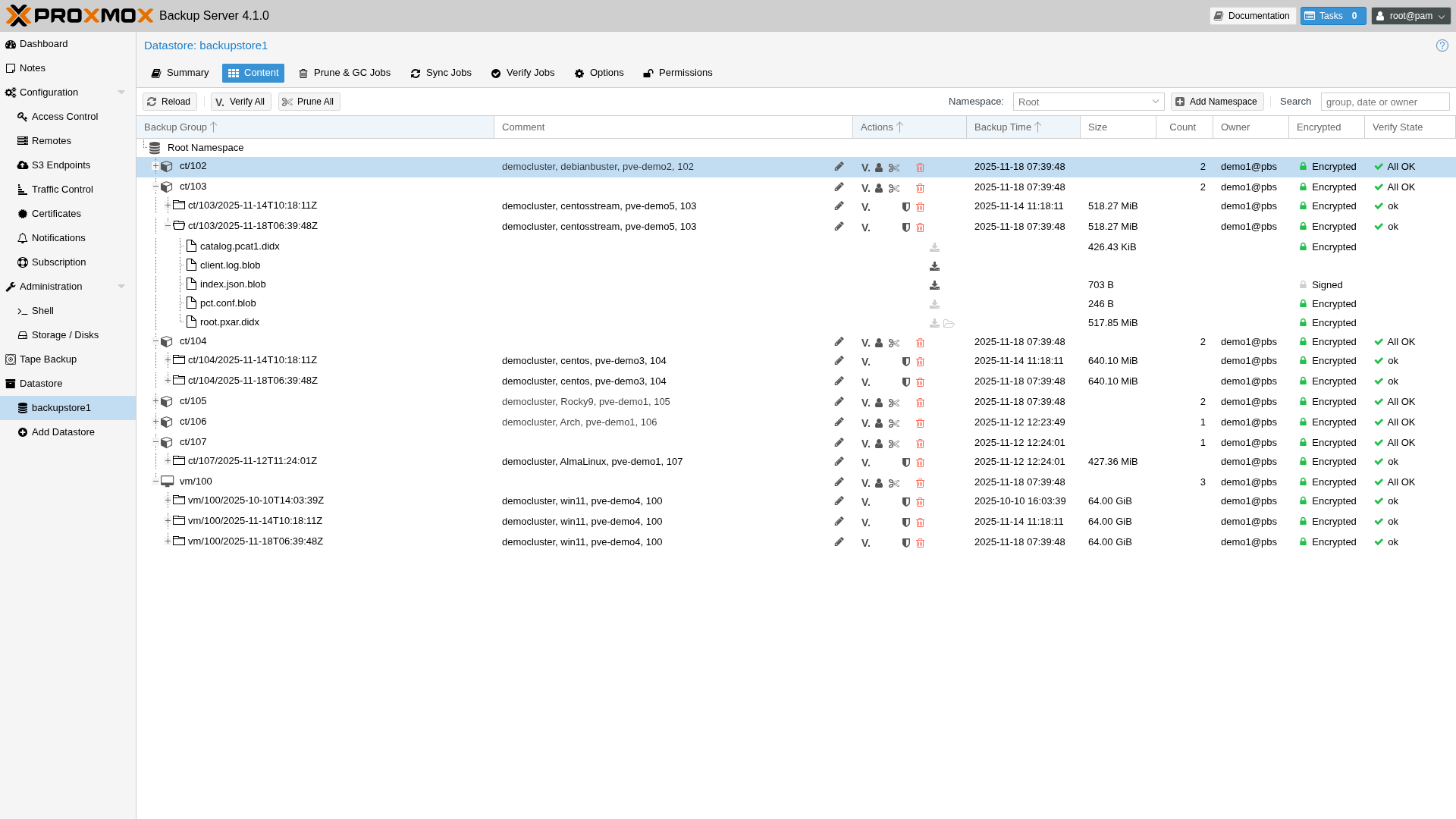 PBS datastore content showing backup snapshots