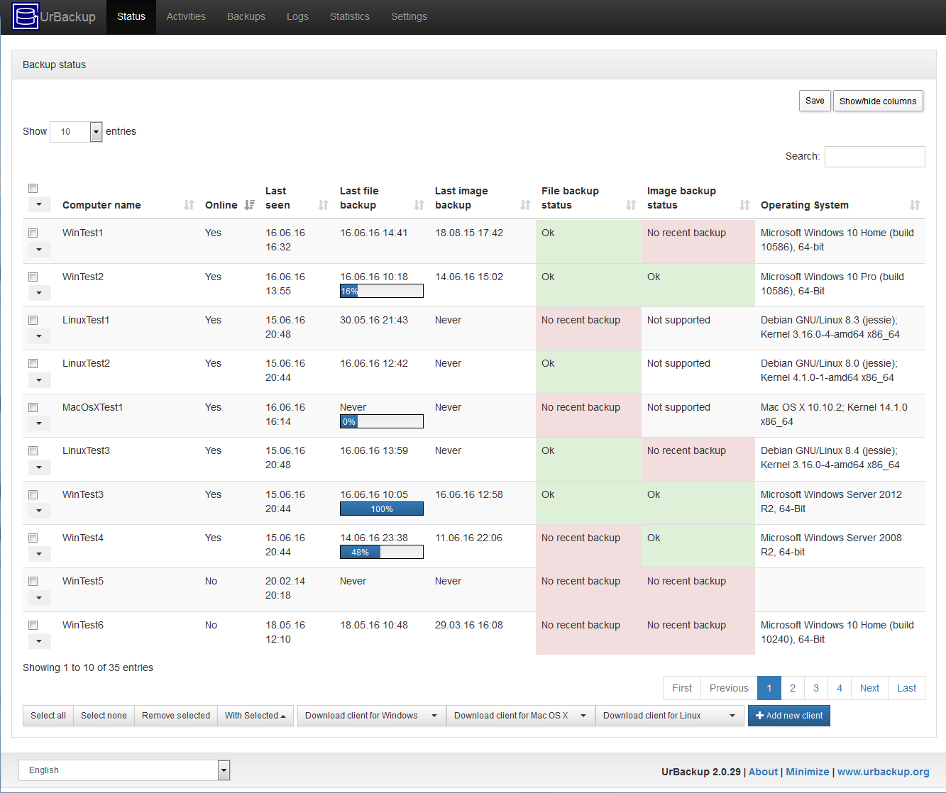 UrBackup web interface showing backup status