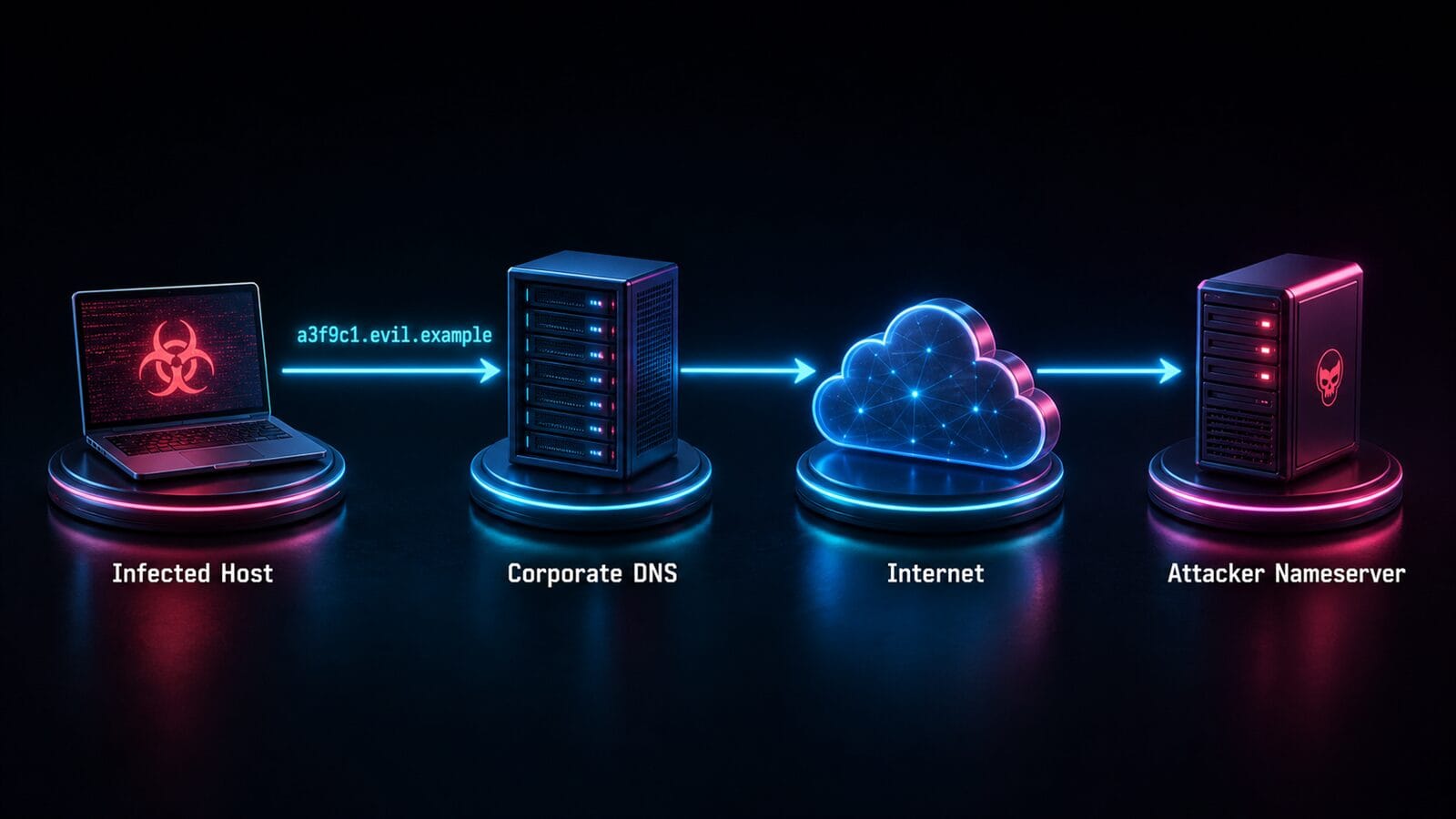 Diagram of data encoded into a subdomain travelling from an infected host through corporate DNS and the internet to an attacker nameserver