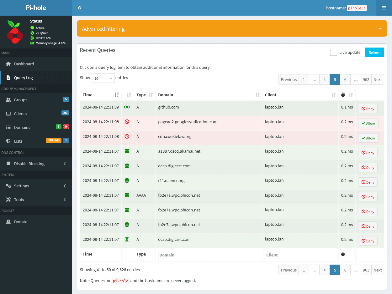 Pi-hole query log listing recent DNS requests with allow and deny status per domain
