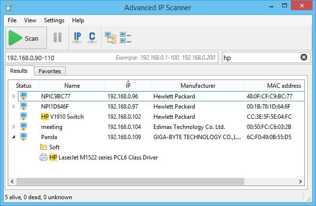 Advanced IP Scanner results listing device names, IP addresses and MAC addresses on a Windows network