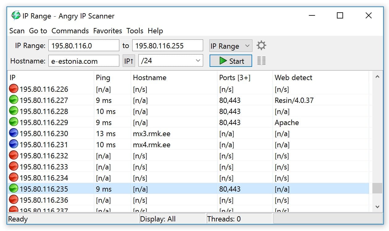 Angry IP Scanner on Windows 10 listing an IP range with ping times, hostnames, open ports and detected web servers