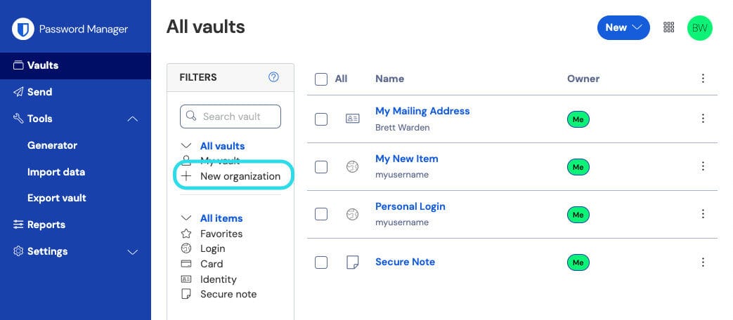Bitwarden web vault showing the All vaults list with the New organization option used to start team sharing