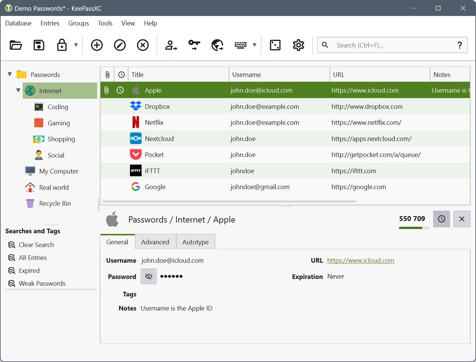 KeePassXC desktop window showing a password database with grouped entries, usernames, URLs and an entry detail pane