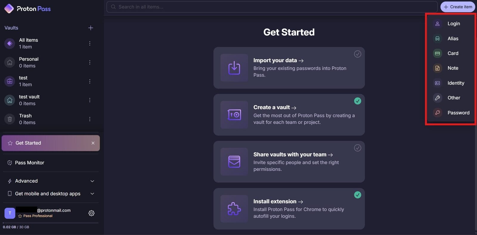 Proton Pass web app showing the vault list, the Create item menu and the Share vaults with your team prompt