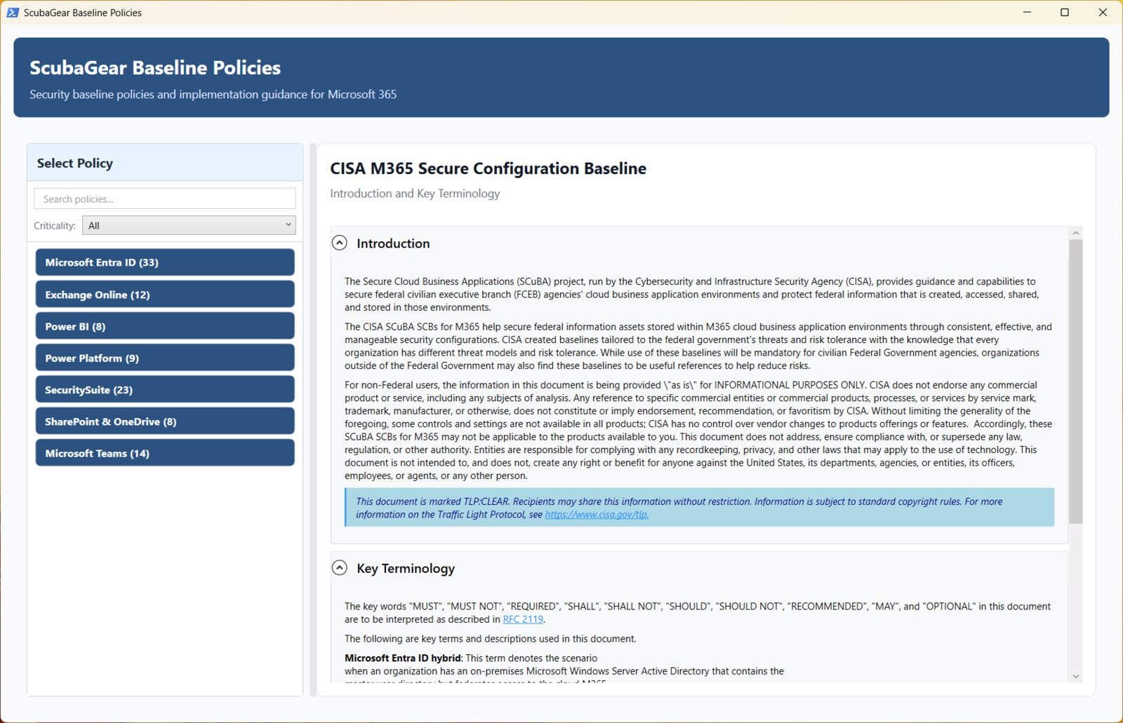 ScubaGear Baseline Policies viewer listing the CISA M365 Secure Configuration Baseline sections for Entra ID, Exchange, and Teams