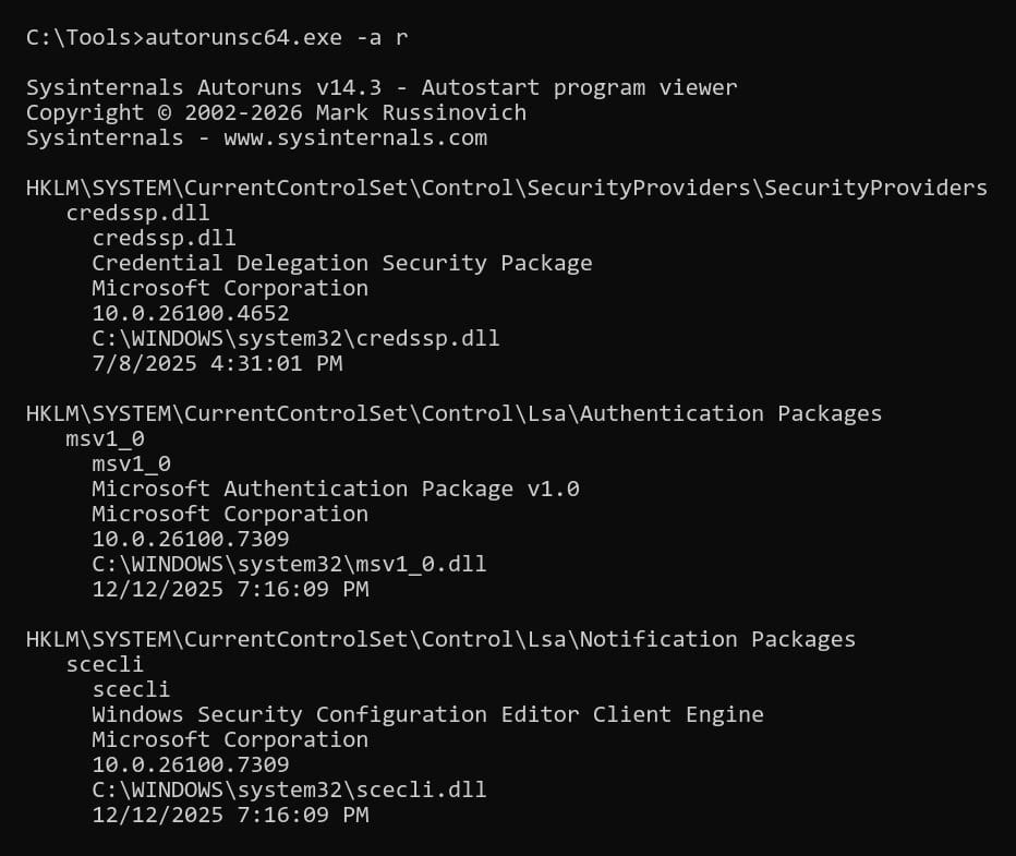 Autorunsc v14.3 listing LSA security, authentication and notification packages with publisher, version and file path