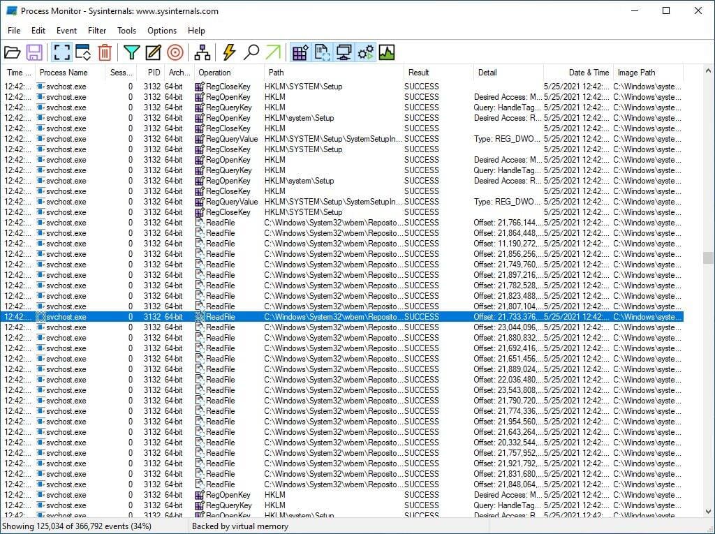 Process Monitor capturing registry and file reads from svchost.exe with operation, path and result columns visible