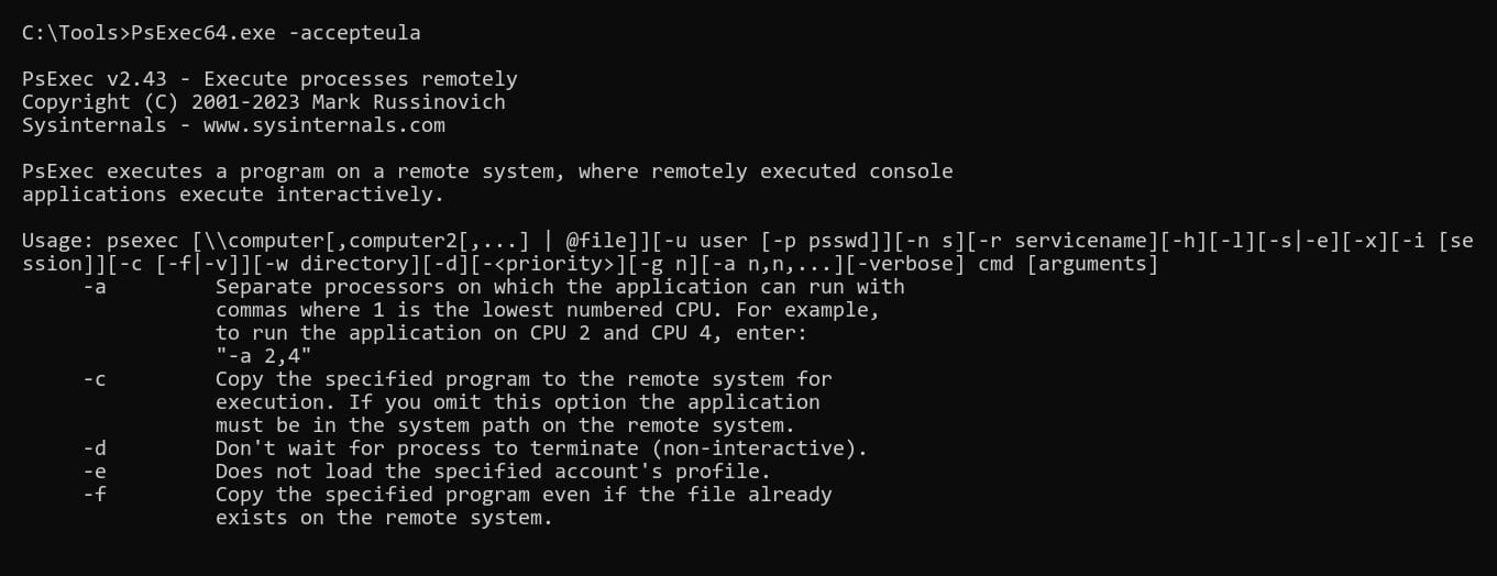 PsExec v2.43 banner and command-line usage options shown in a Windows console after running PsExec64 with -accepteula