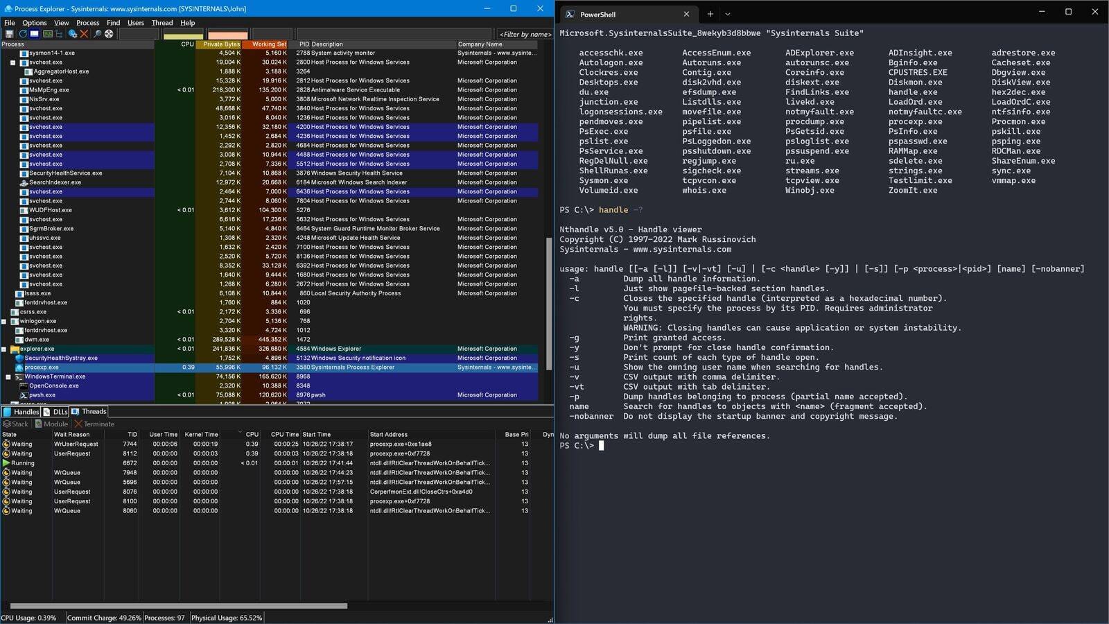 Sysinternals Suite from the Microsoft Store with Process Explorer open beside a PowerShell window listing every suite tool