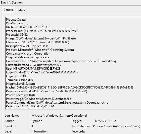 Sysmon Event ID 1 process creation record showing image path, command line, hashes and parent process in Event Viewer