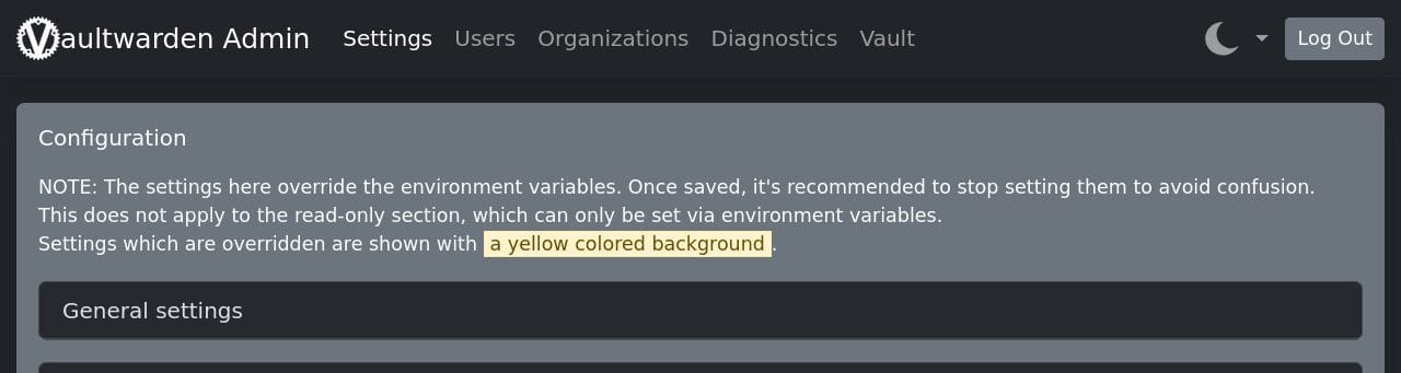 Vaultwarden Admin panel in dark mode showing the Settings, Users, Organizations and Diagnostics tabs