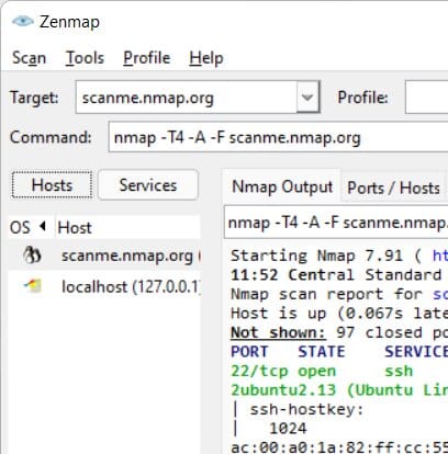 Zenmap, the official Nmap graphical interface, running on Windows 11 with scan results for several hosts