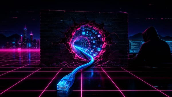 Synthwave illustration of a glowing tunnel punched through a brick firewall with a network cable snaking out, evoking DNS tunneling