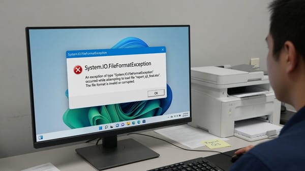 Windows 11 error dialog reading System.IO.FileFormatException on an office PC beside a laser printer