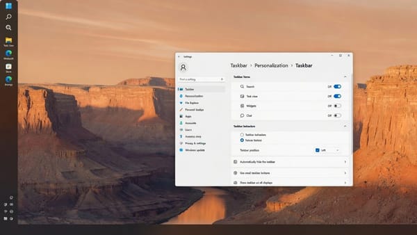 Windows 11 desktop with the taskbar moved to the left edge and the Taskbar settings page open
