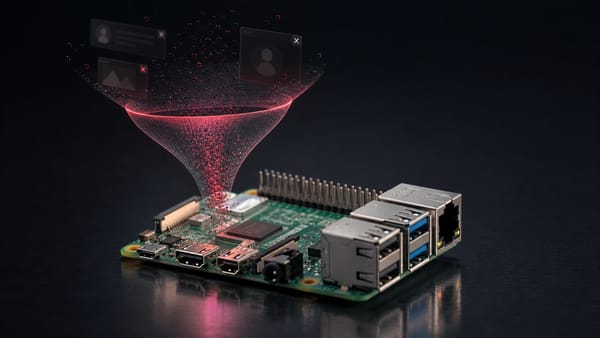 Raspberry Pi board with a glowing red funnel pulling in and dissolving ad popup windows, a DNS sinkhole for ads