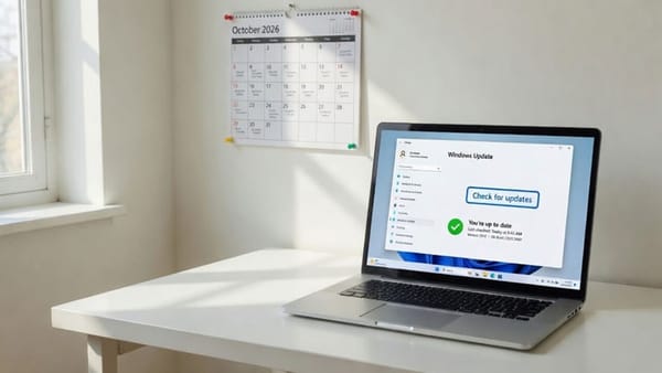 Laptop showing the Windows 11 Windows Update screen beside an October 2026 wall calendar