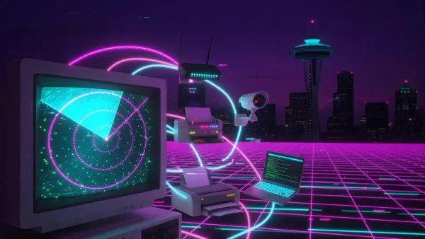 Free network scanner for Windows: synthwave CRT radar sweeping across office printers, a router, a camera and a laptop