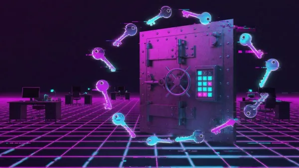 Free password managers for small business: synthwave steel vault door ringed by floating neon keys in an office
