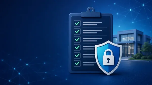 Security checklist clipboard with a padlock shield in front of an office building, for a cyber insurance questionnaire