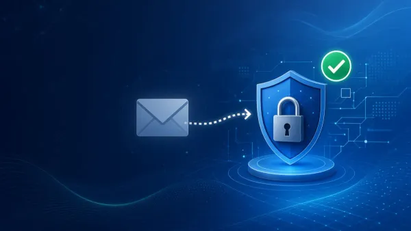 Email envelope passing through a blue security shield with a padlock, showing DMARC blocking spoofed mail