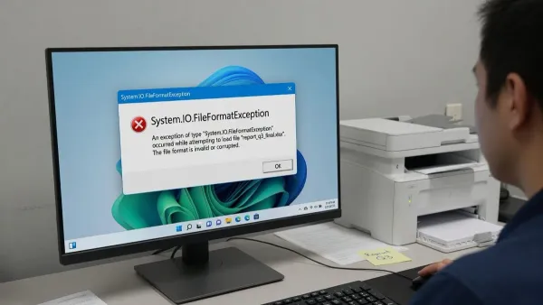 Windows 11 error dialog reading System.IO.FileFormatException on an office PC beside a laser printer