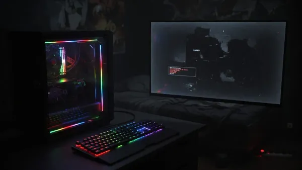 Desktop PC with RGB lighting next to a monitor showing a game frozen after the KB5121003 update
