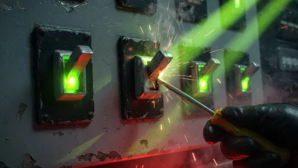 Gloved hand with a screwdriver forcing a jammed industrial switch in a dark server room, for the Smart App Control fix