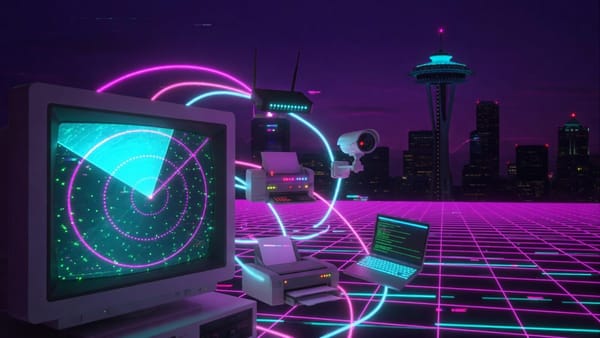Free network scanner for Windows: synthwave CRT radar sweeping across office printers, a router, a camera and a laptop
