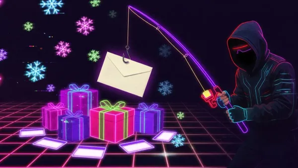 Synthwave neon illustration of glowing gift cards and presents with an invoice envelope dangling from a hooded hacker’s fishing hook