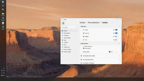 Windows 11 desktop with the taskbar moved to the left edge and the Taskbar settings page open