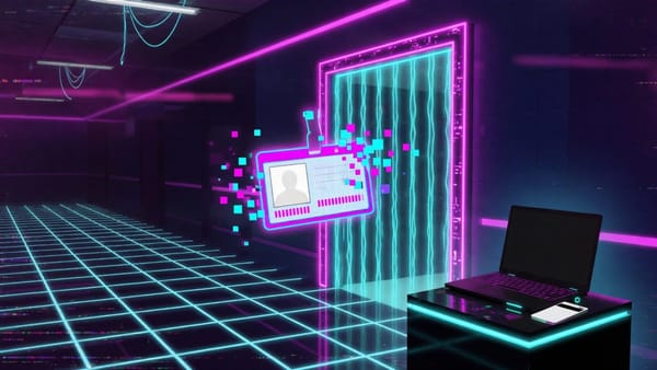 Synthwave neon office doorway with an ID badge dissolving into pixels and a laptop and keycard left on a glowing pedestal