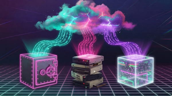 Synthwave illustration of a glowing cloud pouring neon data streams into a steel safe, a hard drive stack and a crystal cube