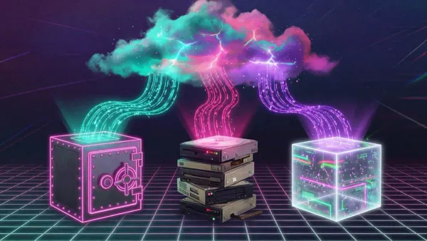 Synthwave illustration of a glowing cloud pouring neon data streams into a steel safe, a hard drive stack and a crystal cube