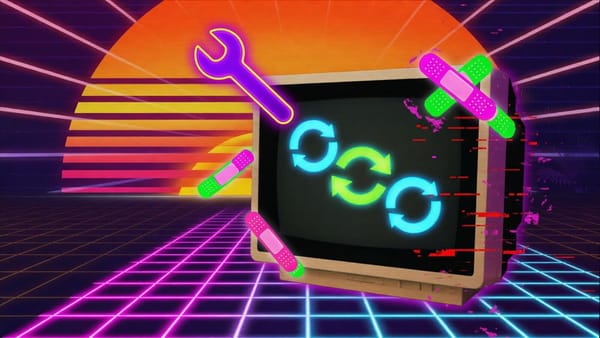 Synthwave neon art of a giant retro CRT monitor with update arrows, glowing bandages and a wrench under a striped sunset