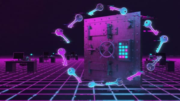 Free password managers for small business: synthwave steel vault door ringed by floating neon keys in an office