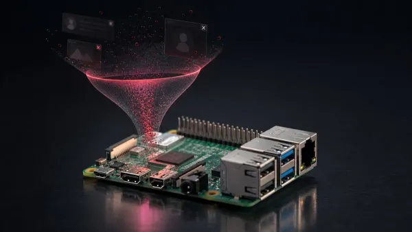 Raspberry Pi board with a glowing red funnel pulling in and dissolving ad popup windows, a DNS sinkhole for ads