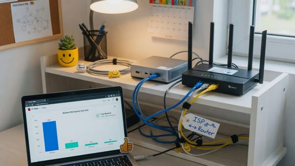 Router and mini PC on a shelf with a laptop showing a dashboard of blocked DNS queries