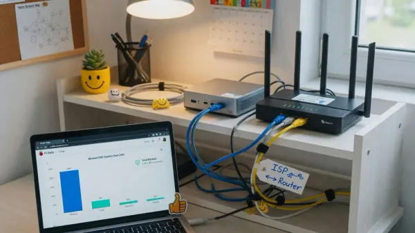 Router and mini PC on a shelf with a laptop showing a dashboard of blocked DNS queries