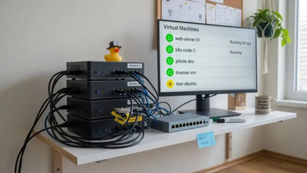 Home lab shelf with three mini PC servers and a monitor listing running virtual machines