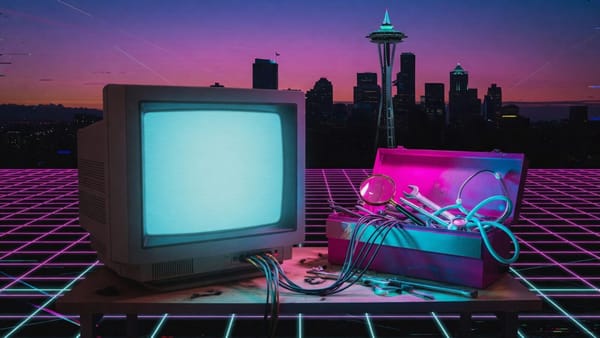 Sysinternals tools for Windows admins: synthwave CRT monitor wired to a neon toolbox, Seattle skyline at dusk