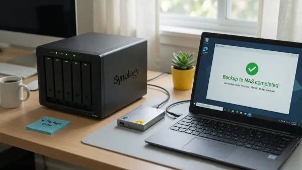 NAS with drive activity lights, an external hard drive and a laptop showing a completed backup job