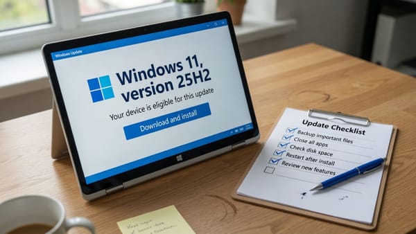 Windows 11 laptop offering a feature update beside a clipboard checklist with items ticked