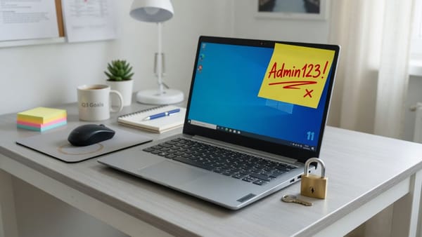 Laptop with a crossed-out Admin123! sticky note, the shared local admin password Windows LAPS replaces