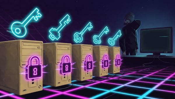 Synthwave neon art of retro PC towers with glowing padlocks and spinning keys while a hooded hacker stays locked out