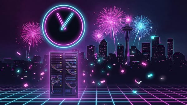 Synthwave neon illustration of a glowing server rack under a neon clock near midnight with fireworks over the Seattle skyline