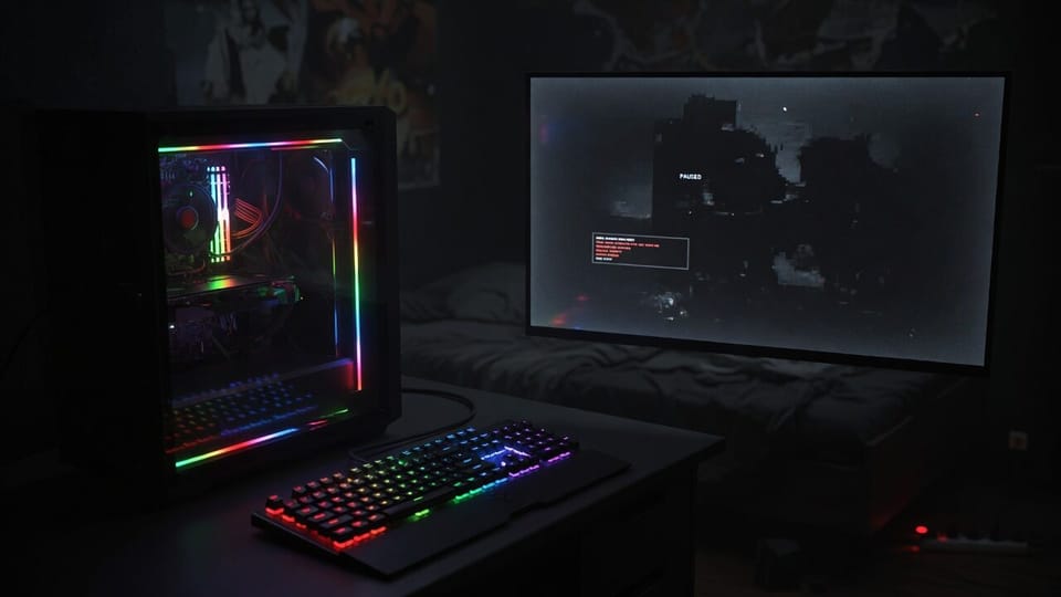 Desktop PC with RGB lighting next to a monitor showing a game frozen after the KB5121003 update